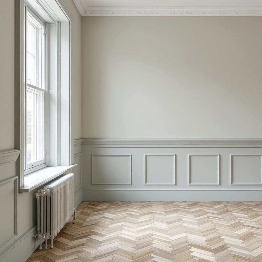 Elegant empty room with white panelled walls, herringbone wood floor and large sash window.
