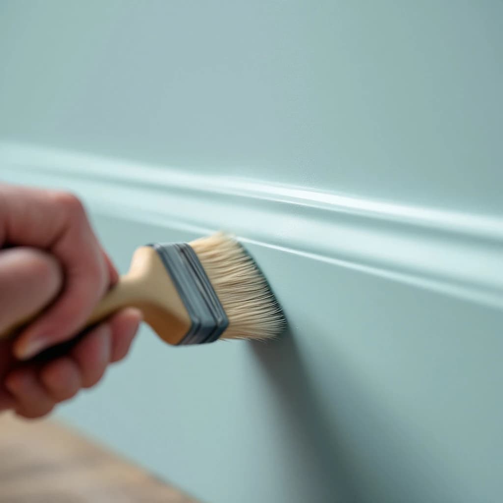 A hand holding a paintbrush applying a crisp line between matt wall paint and gloss skirting board.