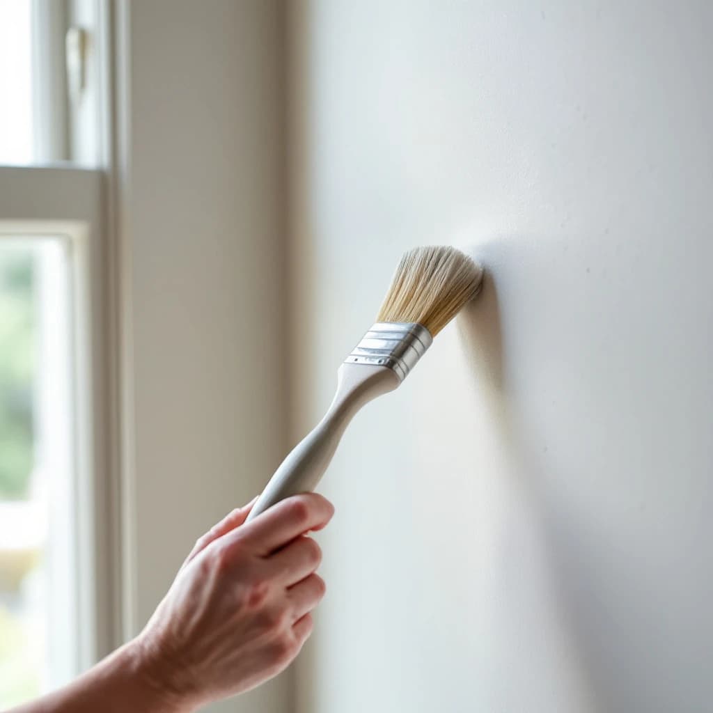 Hand holding a decorator's brush against a white wall with natural light from a sash window behind.