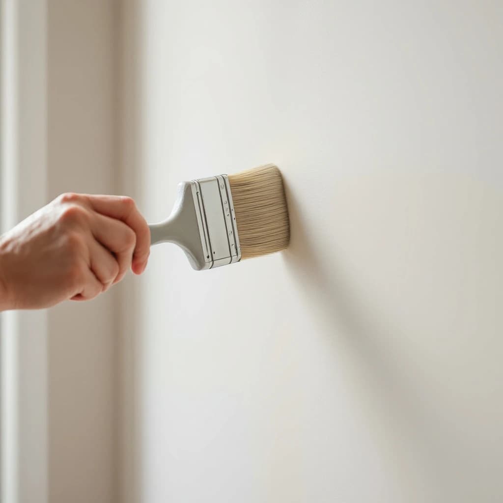 Hand holding a paintbrush with natural bristles against a pale cream wall.