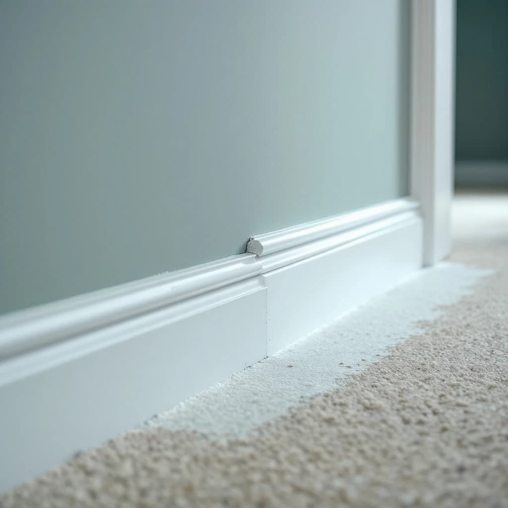 White masking tape applied along skirting board and door architrave on carpeted floor