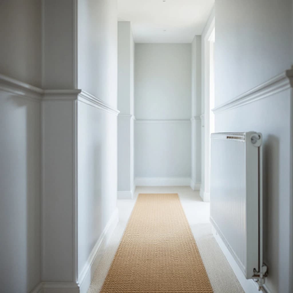 Bright white hallway with neutral carpet runner, period cornicing and skirting boards, and radiator on right.