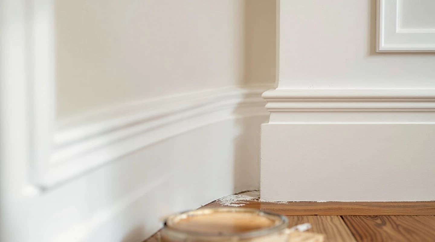 Freshly painted white skirting board and architrave meeting wooden floorboards, with soft natural light.