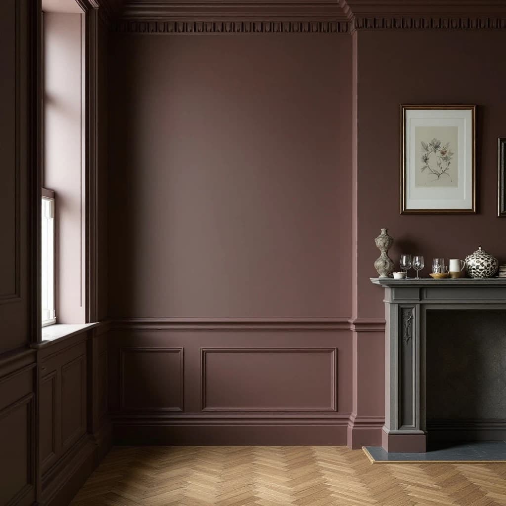 Mauve-pink walled period room with ornate coving, skirting and fireplace, herringbone flooring and botanical artwork.