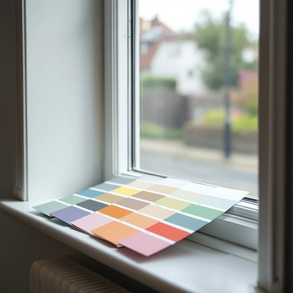 Paint colour swatch cards arranged on a windowsill in natural daylight, with garden view beyond.