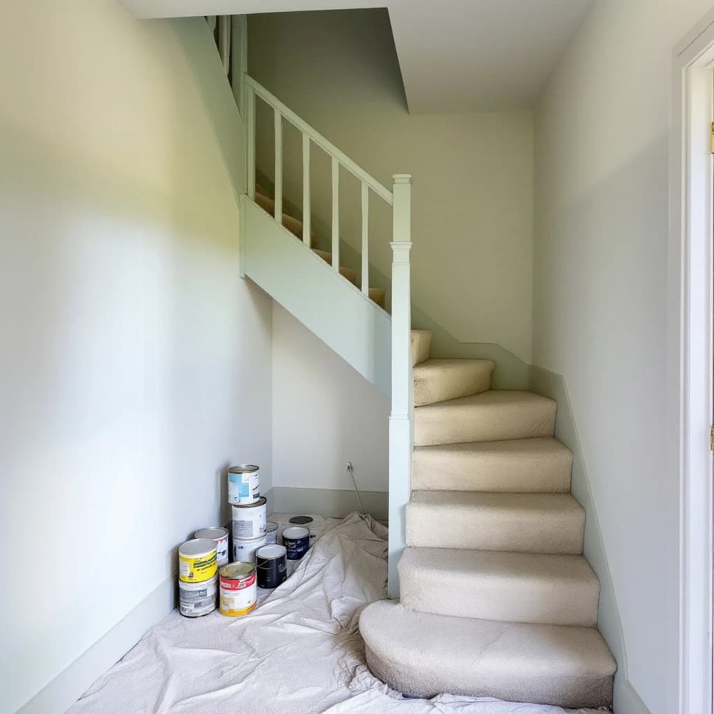 Beige carpeted staircase with white railings during redecoration, paint tins and dust sheets visible on landing.