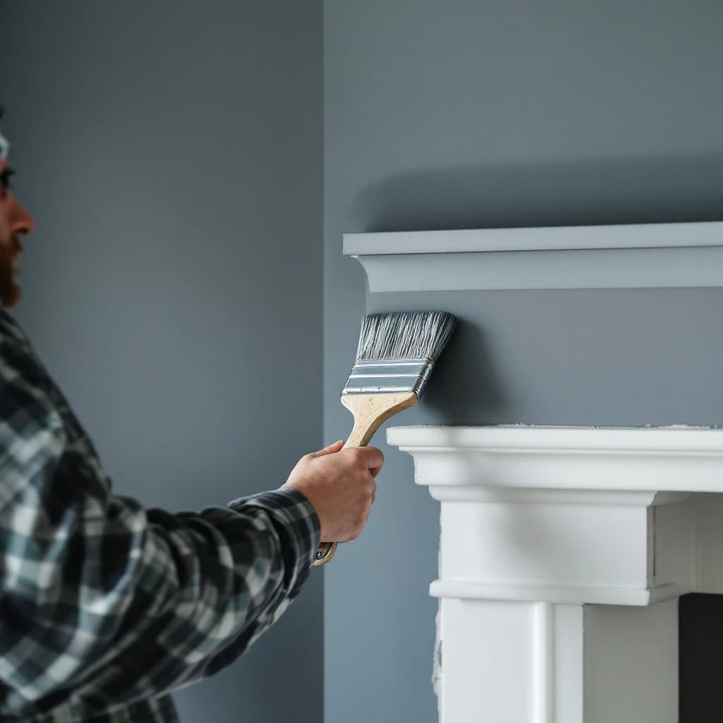 Decorator in checked shirt painting grey wall with brush held near white architrave trim.