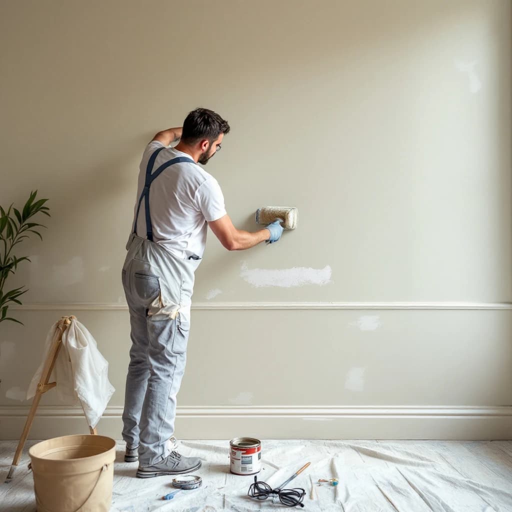 Decorator in overalls applying white emulsion paint to a wall with a brush, skirting boards and floor protected below.