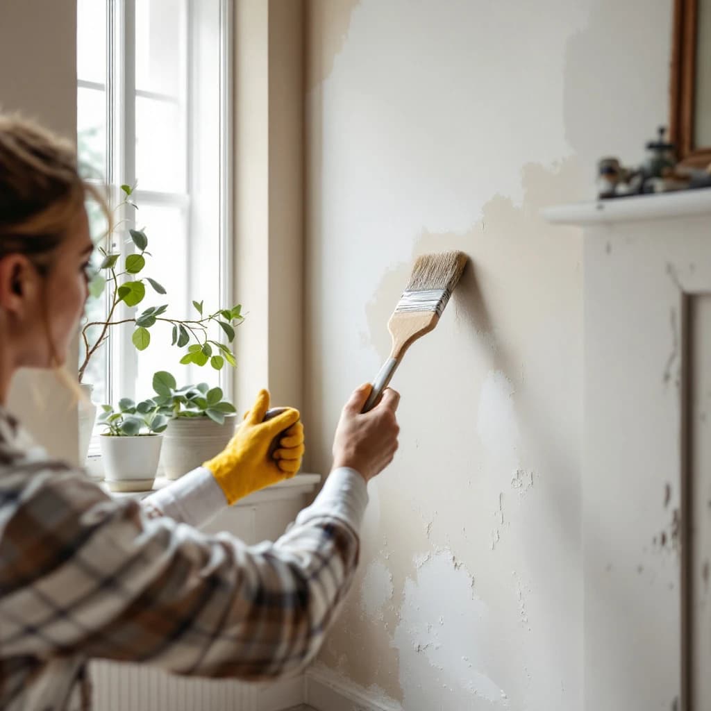 Woman in yellow gloves painting white interior wall with brush, potted plants visible on windowsill behind.