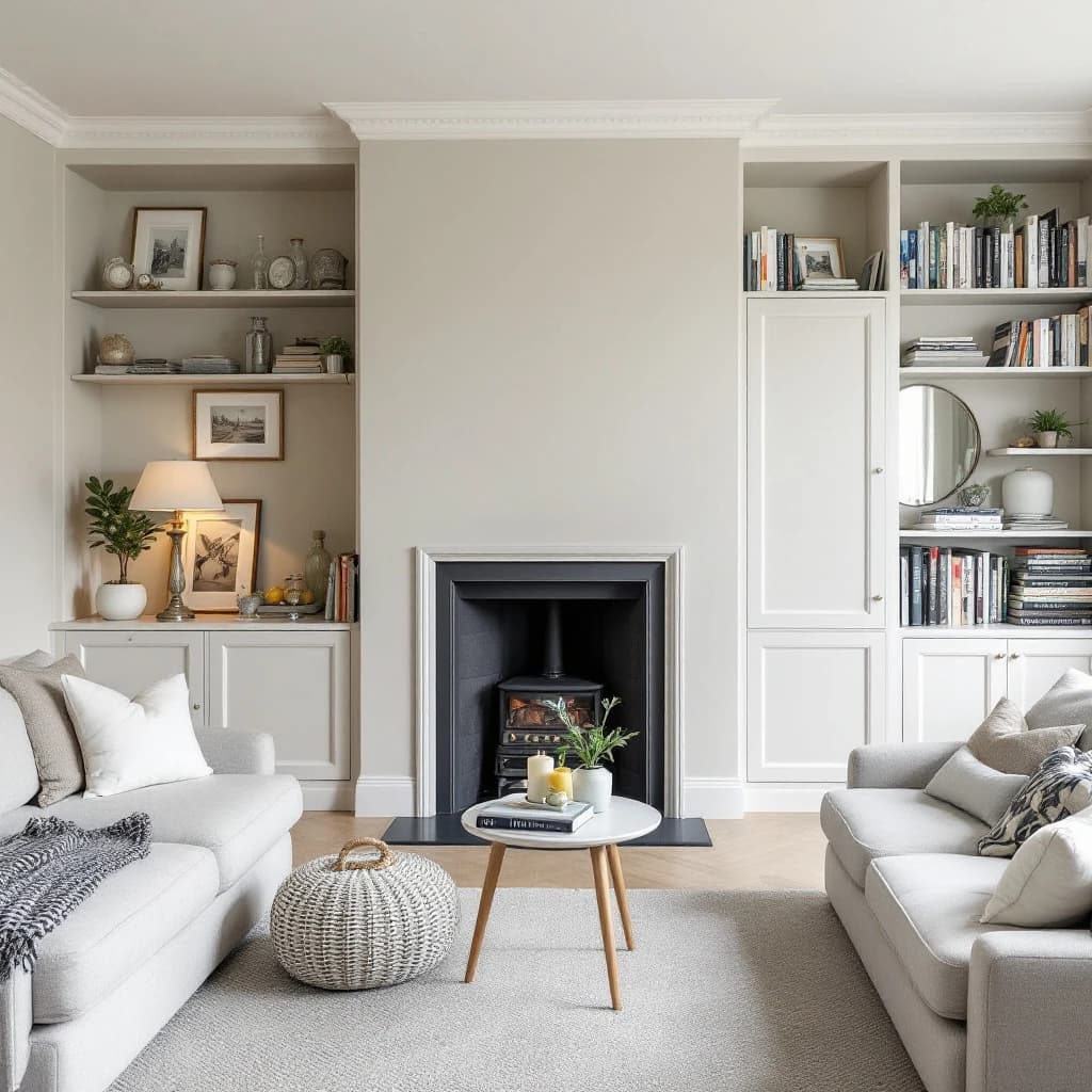 Neutral living room with white built-in shelving, cream sofas, fireplace insert and round coffee table.