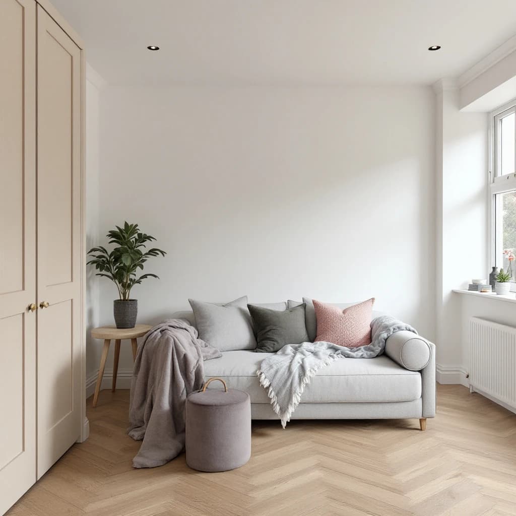 Bright modern living room with cream fitted wardrobes, grey sofa with cushions, herringbone wood flooring and white walls.
