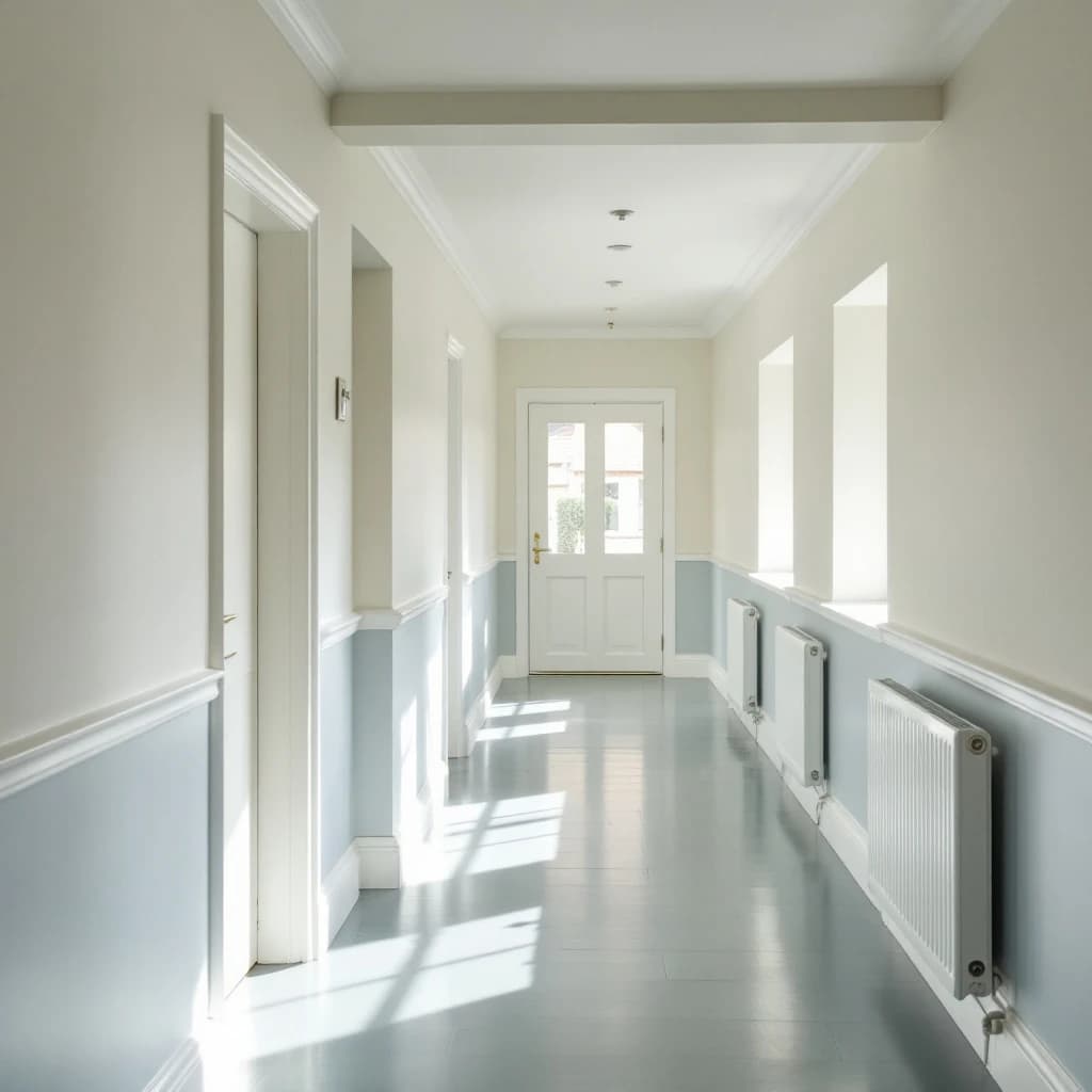 Bright communal corridor with white walls, pale blue dado rail, radiators, and natural light from windows ahead.
