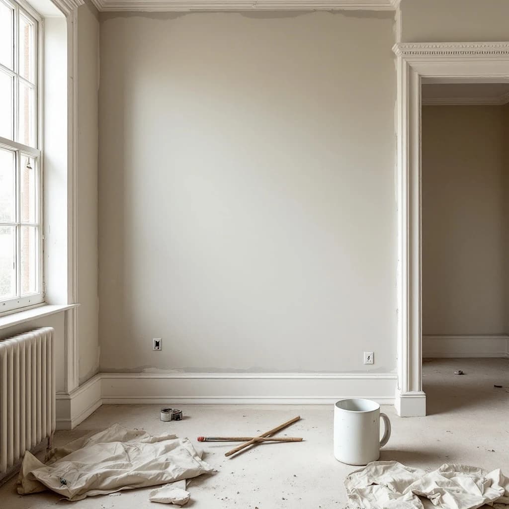 Empty room with freshly plastered walls, white skirting boards, period radiator and doorway, with paint supplies on dusty floor.