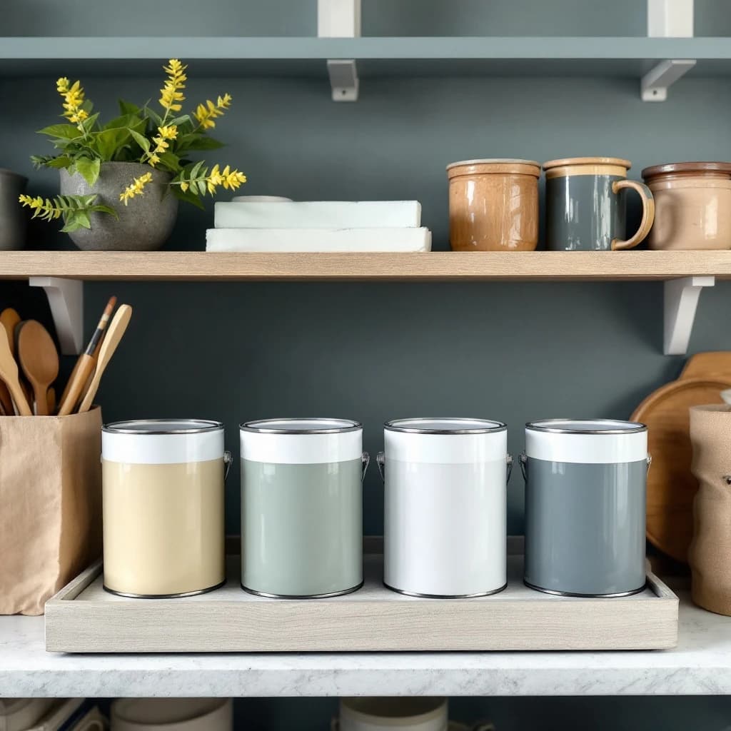Four paint cans with white lids showing different colour finishes, arranged on a wooden tray in a styled kitchen shelf display.