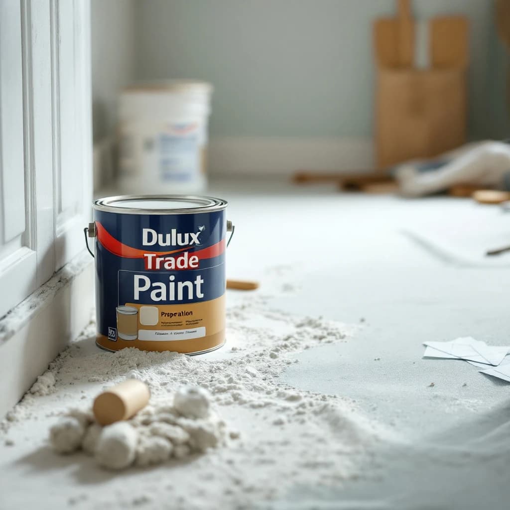 Dulux Trade Paint tin positioned on a dust sheet with preparation materials and white window frame visible
