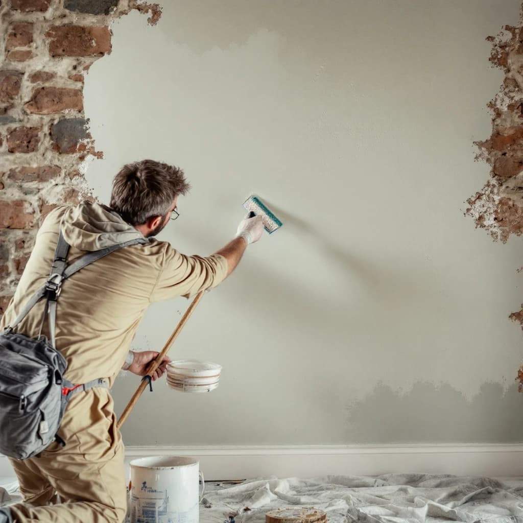 Decorator in beige workwear applying breathable paint to exposed brick wall with roller brush.