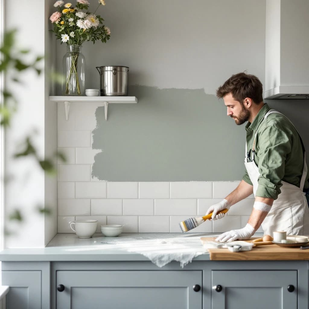Man in green shirt painting kitchen wall above white tiles, holding paintbrush with care.