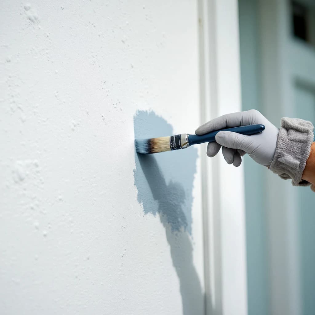 Decorator's gloved hand applying light blue masonry paint with brush to white exterior render at corner detail.