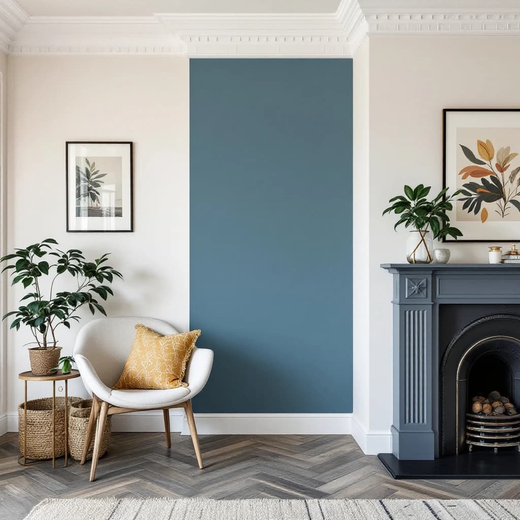 Cream chair with gold cushion beside a deep teal accent wall, with fireplace and botanical artwork visible.