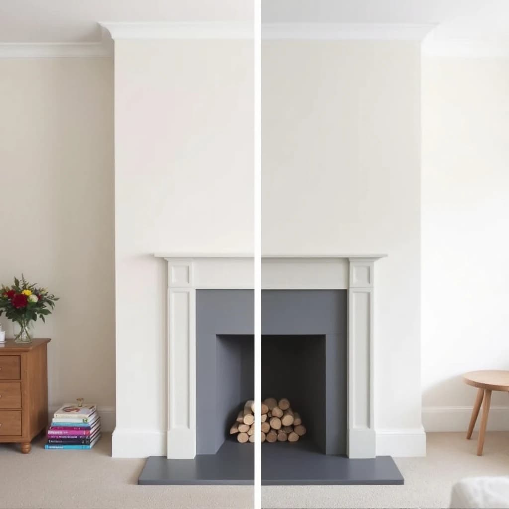 Split-screen view of a fireplace with white surround and grey interior, styled with logs and floor cushions.