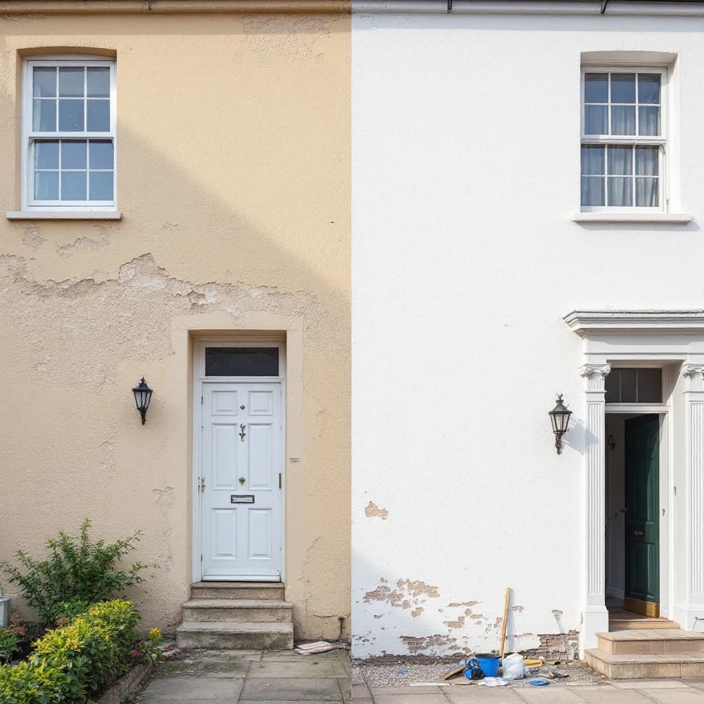Split-screen comparison of a rendered wall: left side shows peeling cream render with flaking damage; right side shows freshly repainted clean white wall.
