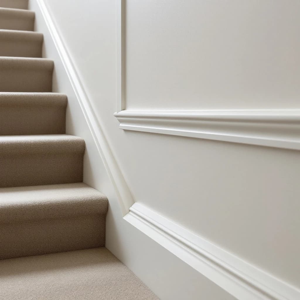 Close-up of white dado rail and skirting board on stairwell wall with beige carpet-covered stairs visible to the left.