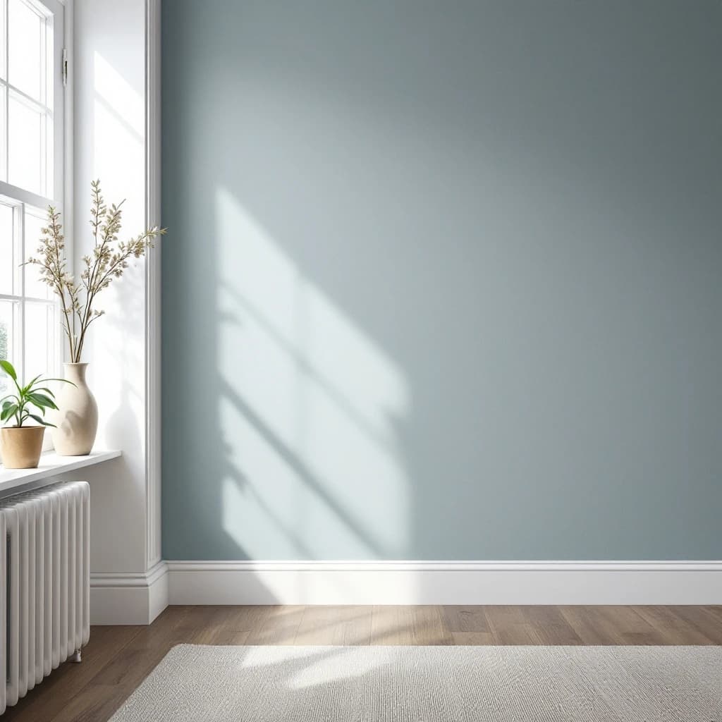 Sunlit room with soft blue-green feature wall, white woodwork, radiator and potted plants on windowsill.