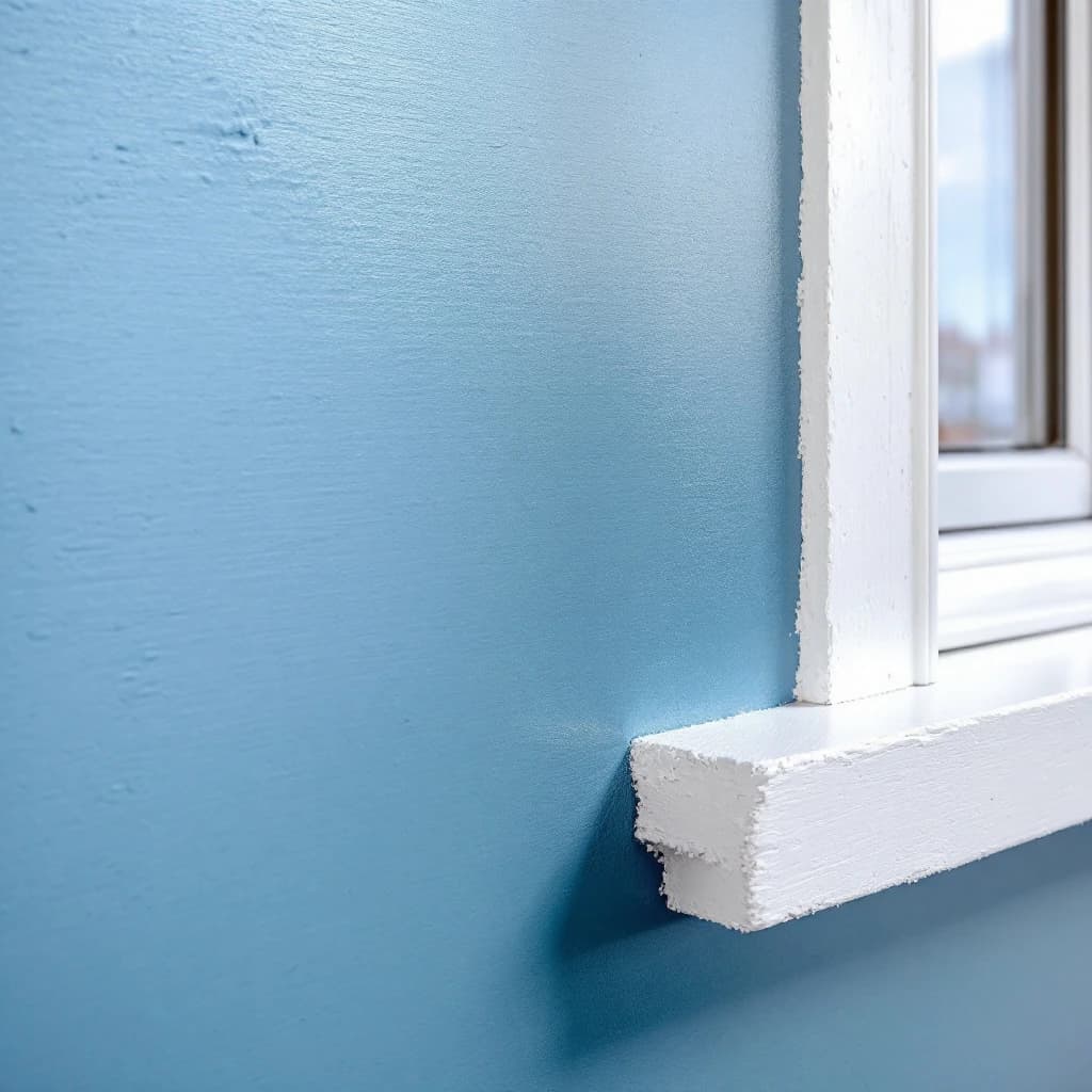 Close-up of freshly painted blue masonry wall with white painted window sill and frame edge.