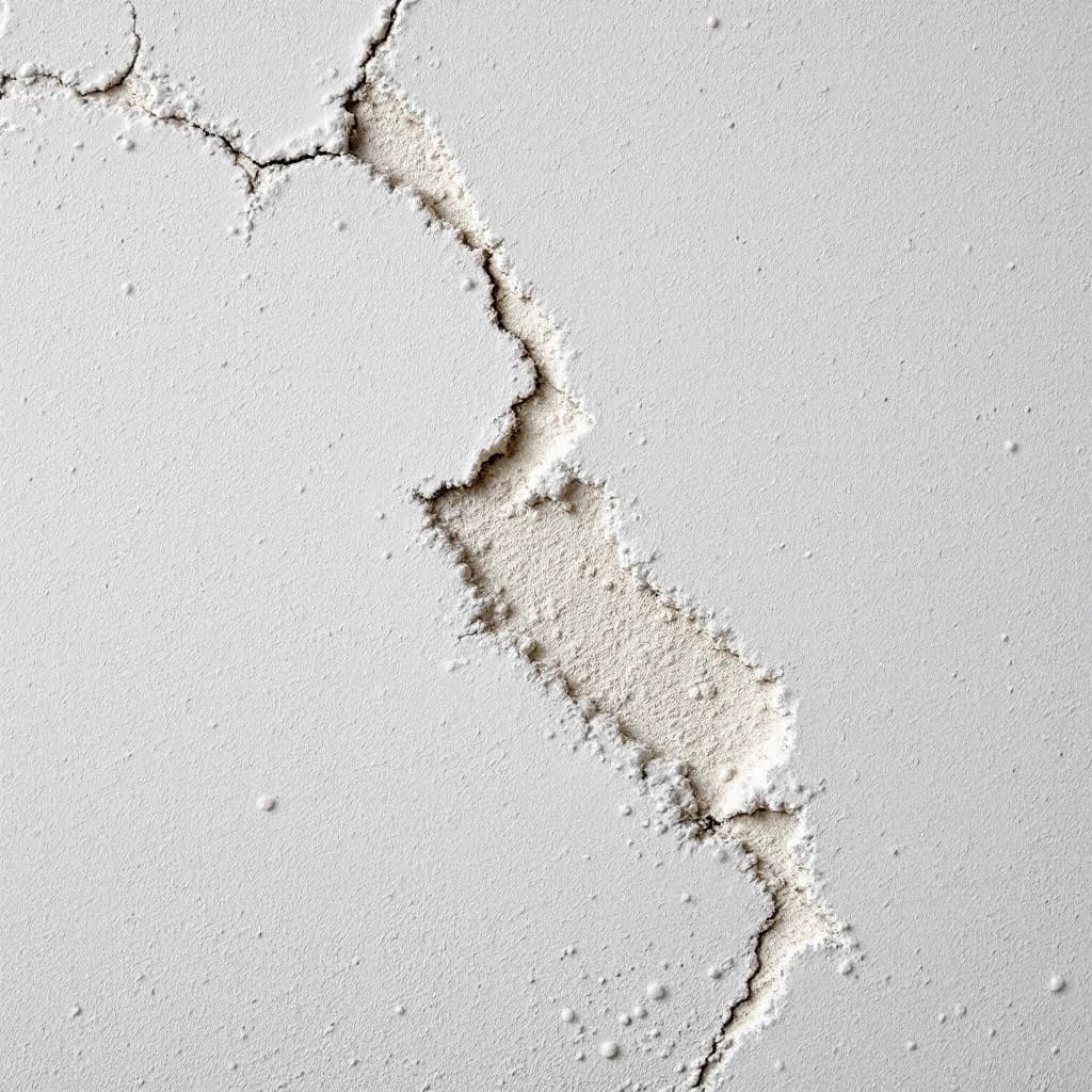 Close-up of filled and sanded cracks in white plaster wall surface ready for painting.