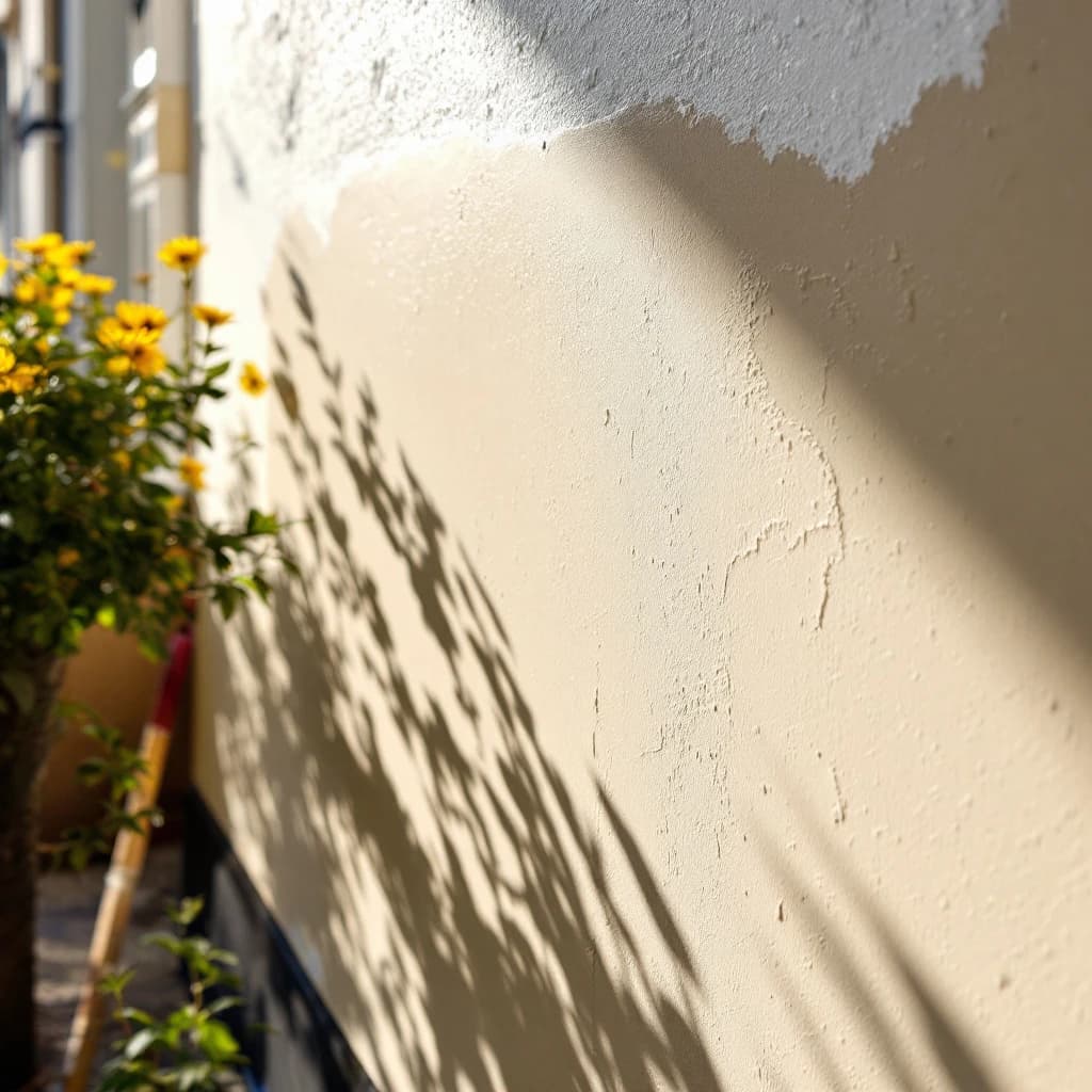 Close-up of freshly rendered cream exterior wall with shadow pattern cast by railing, yellow flowers in planter visible.