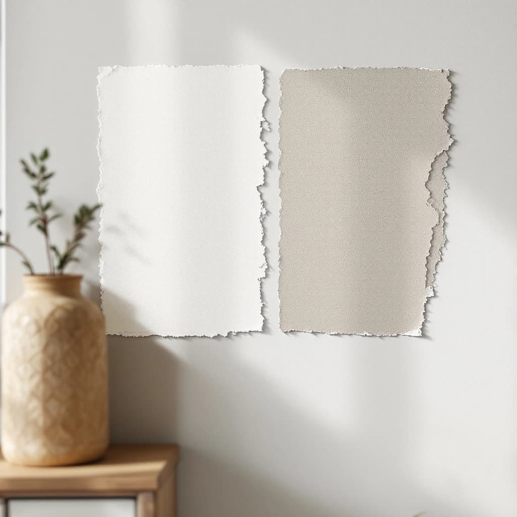 Two paint finish swatches with deckle edges on a white wall beside a potted plant in natural light.
