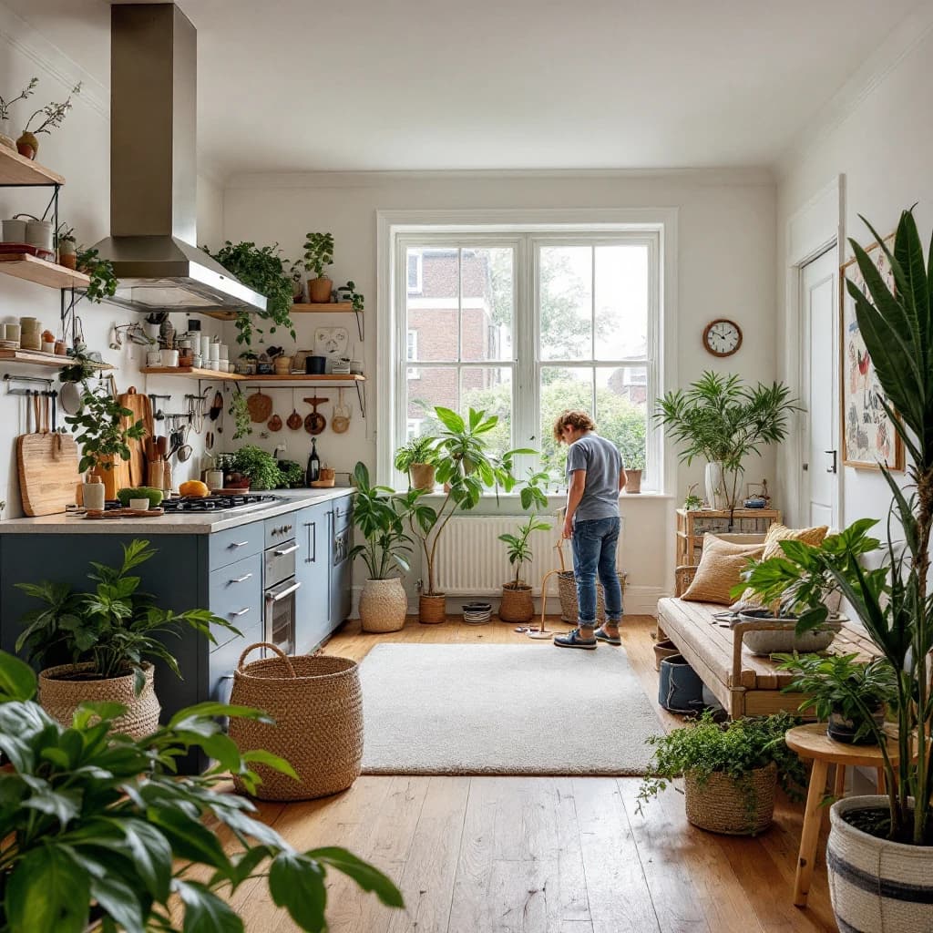 Bright bay window workspace with rattan chair, potted plants, wooden desk with dining chairs and kitchen area visible.