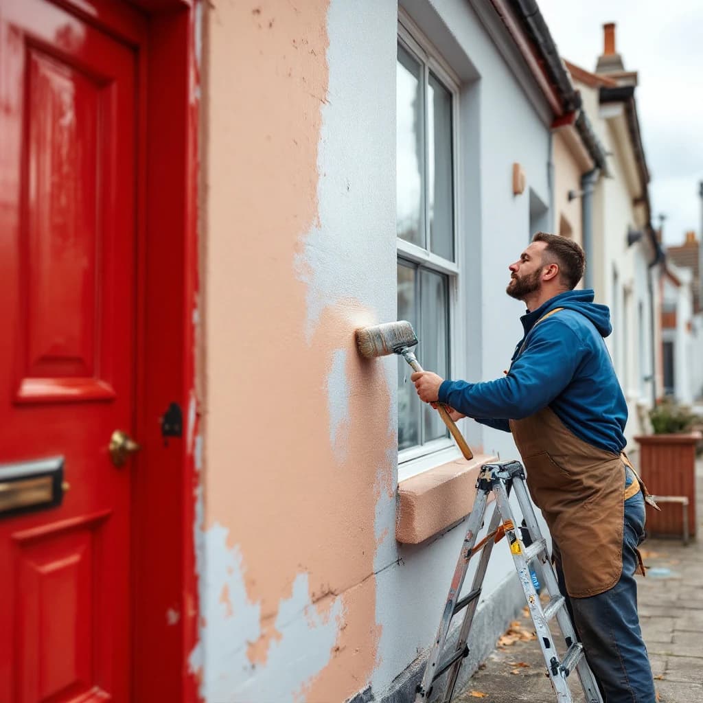 Decorator on ladder applying masonry paint to peach-coloured terraced house wall beside red door.