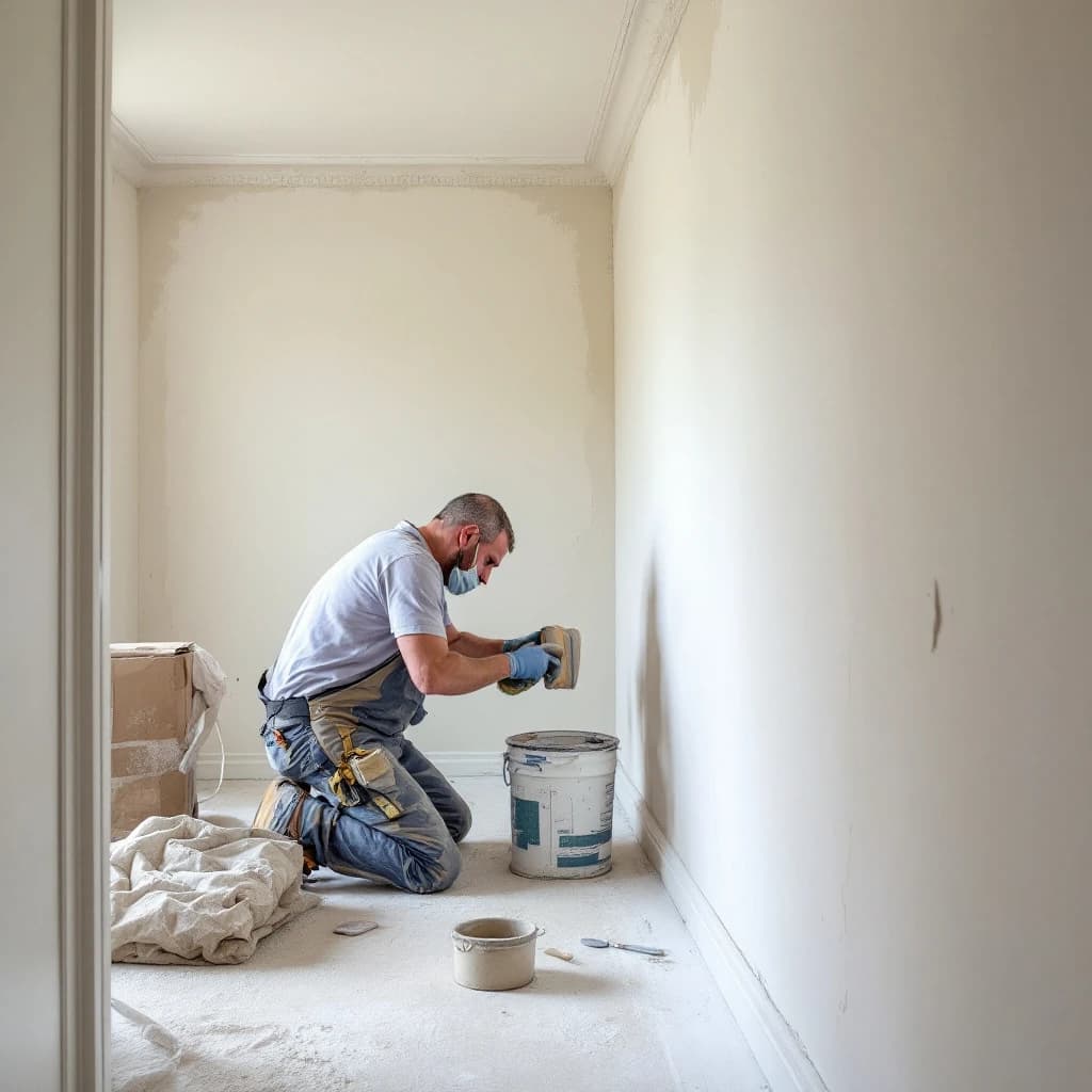 Decorator kneeling while filling and sanding a plaster wall in a bright period room.