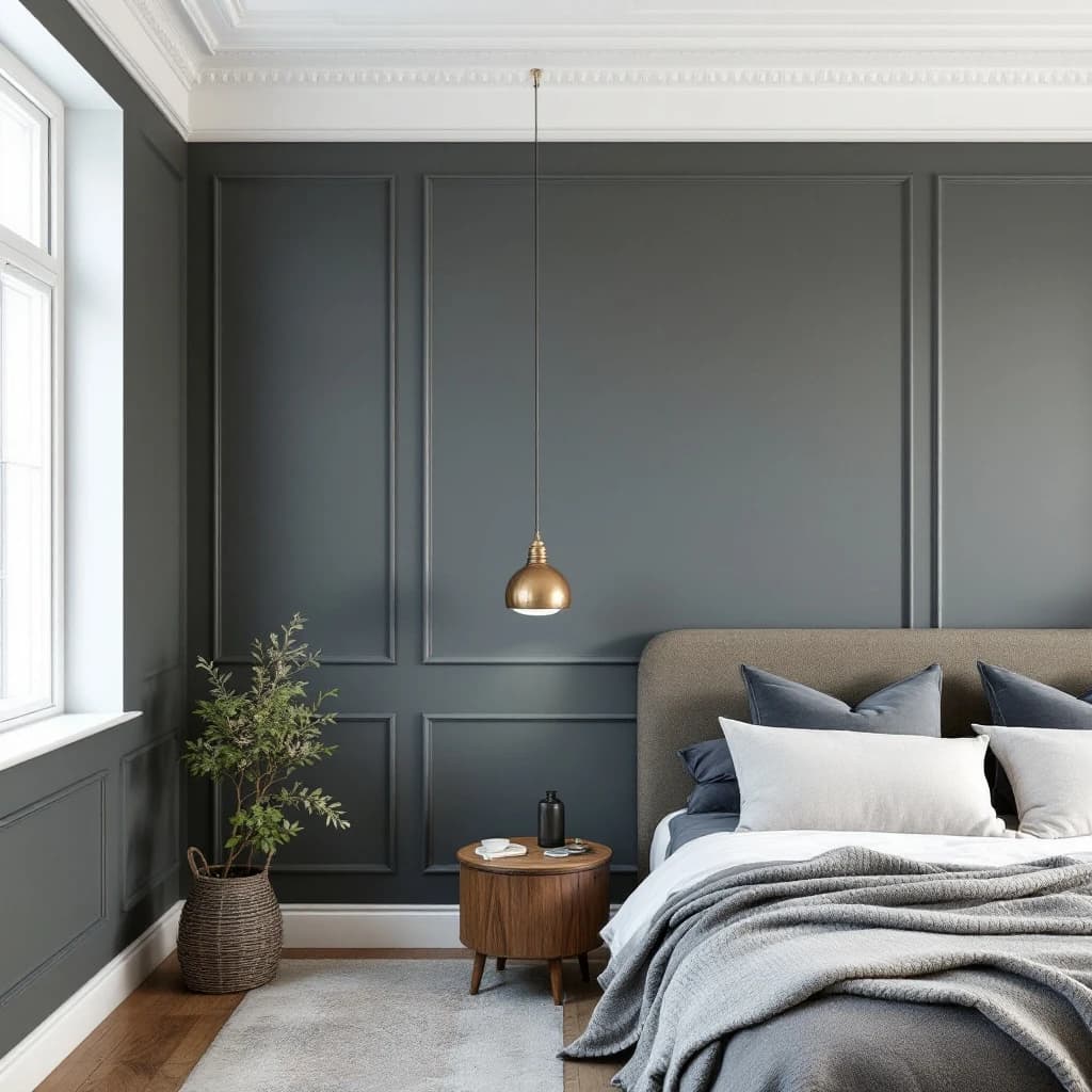 Bedroom with charcoal panelled feature wall, brass pendant light, upholstered headboard and potted plant.