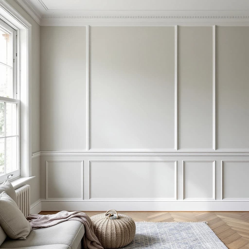 Bright living room with white panelled walls, skirting and coving, natural light from sash window, wooden floor and neutral furnishings.
