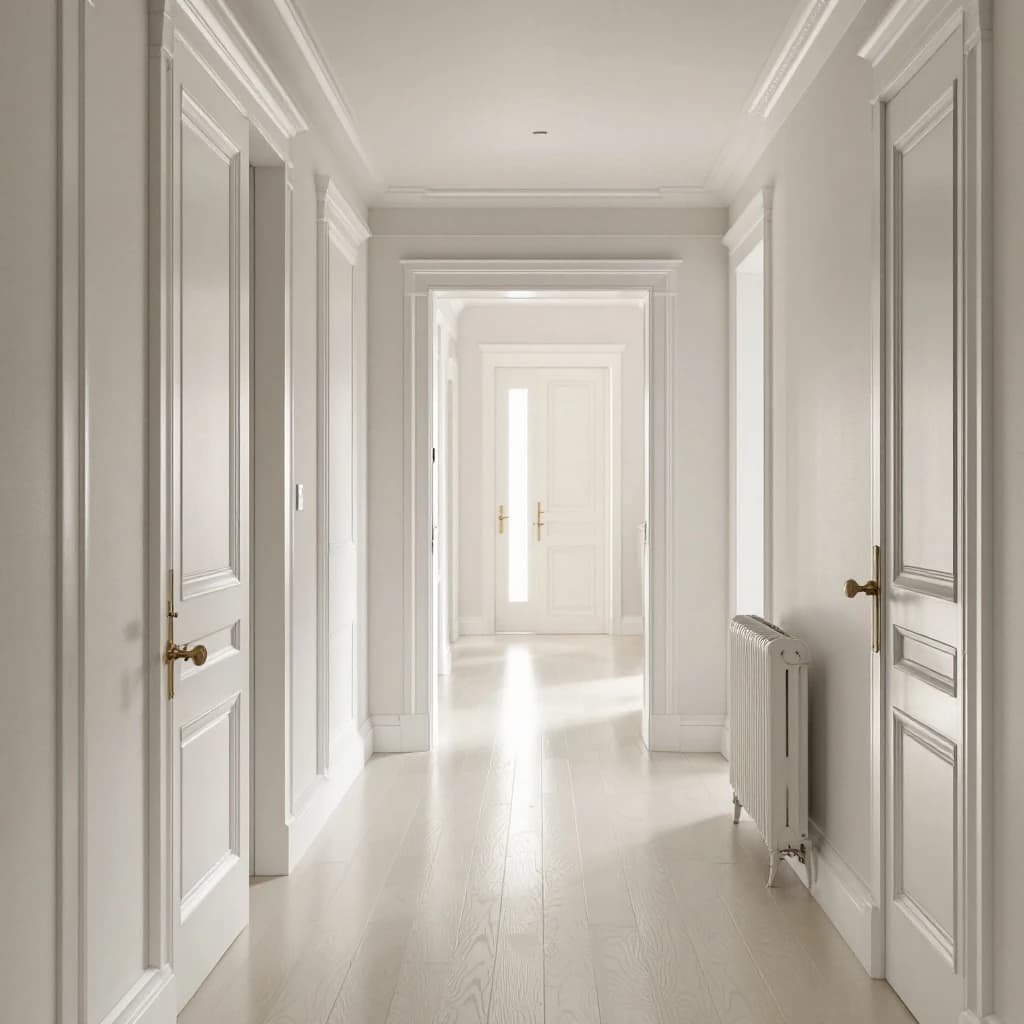 Bright hallway with white painted doors and neutral walls, recessed ceiling lighting, period radiator, light wood flooring.