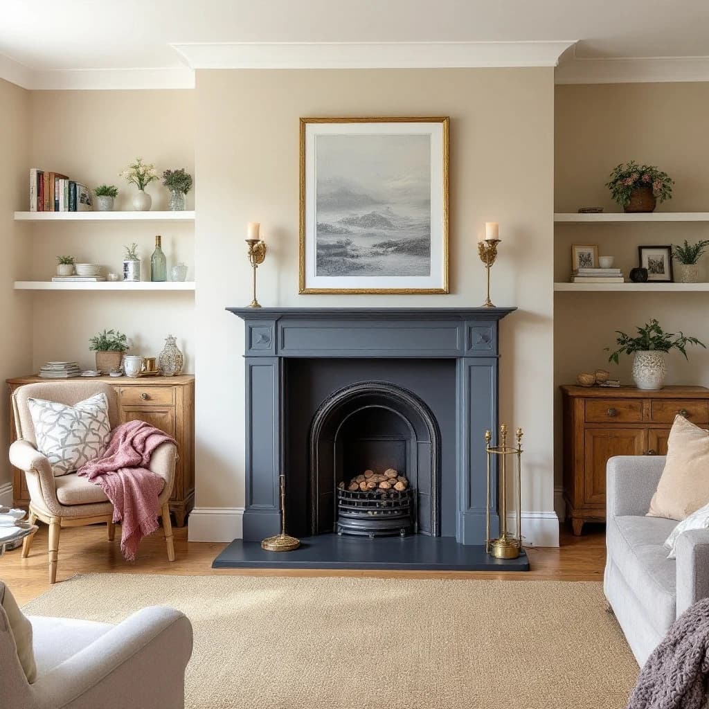 Living room with slate-blue fireplace chimney breast and gold-framed landscape art, flanked by white shelving on cream walls.