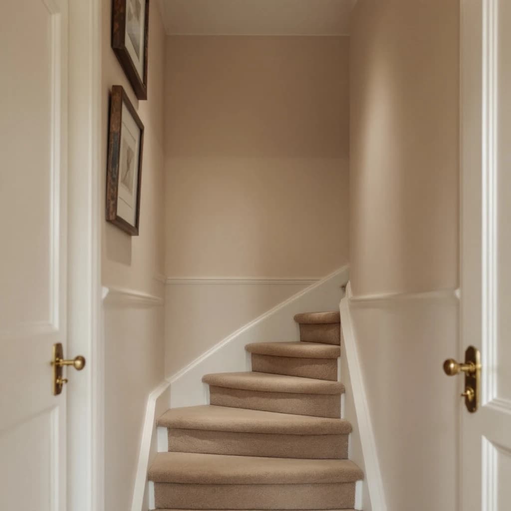 Narrow stairwell with cream walls above dado rail and warm mid-tone below, carpeted stairs, brass door handles visible.