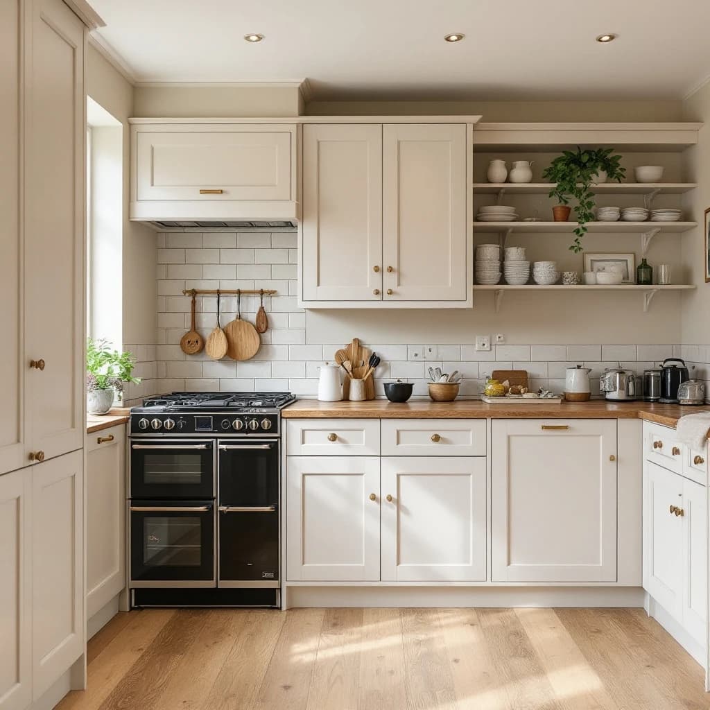 Cream kitchen with black range cooker, wooden worktops, open shelving and subway tile splashback
