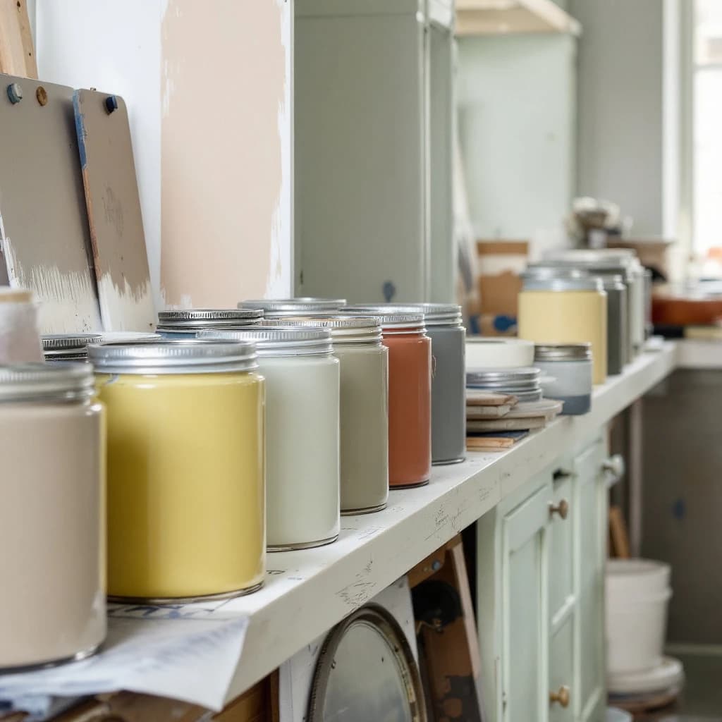 Row of paint tins in different colours on a workbench with brushes and colour swatches behind.