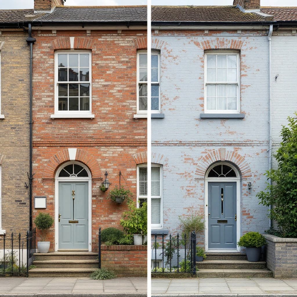 Two adjacent Victorian terraced houses showing different brick paint finishes: one with peeling light blue paint, one with red brick.