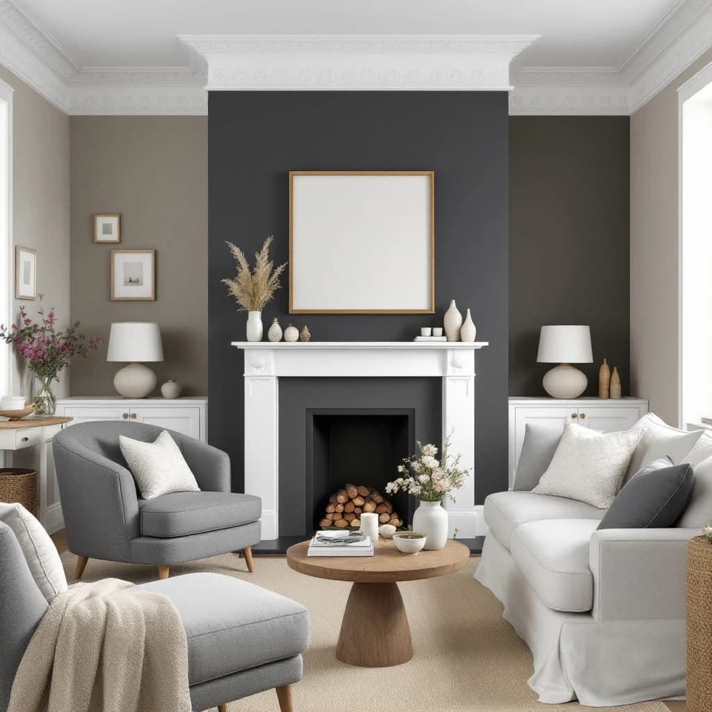 Neutral sitting room with charcoal accent wall behind white fireplace, grey and cream armchairs, wooden side table.
